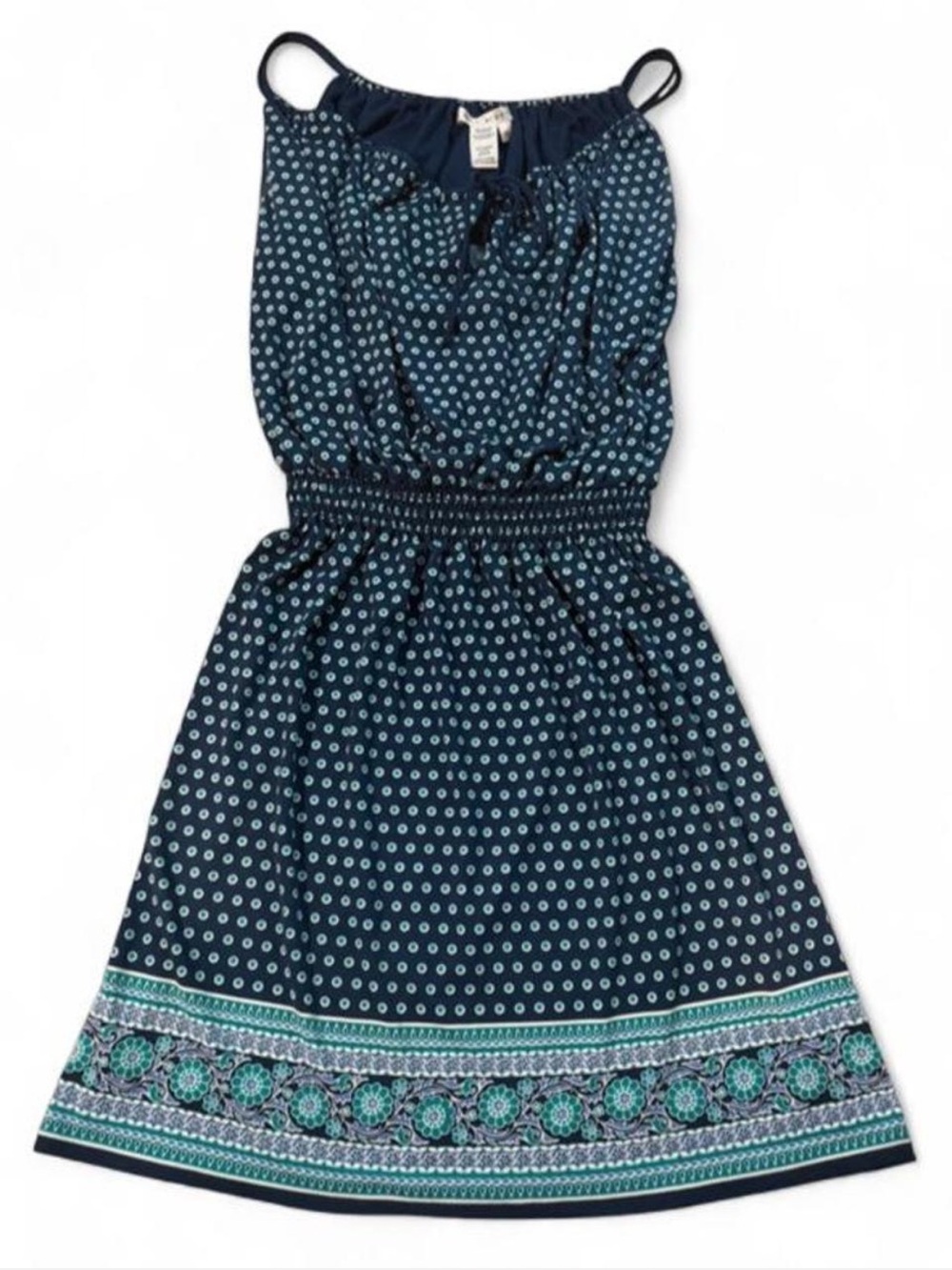 Max Studio Navy Blue Printed Mini Dress with Teal Border